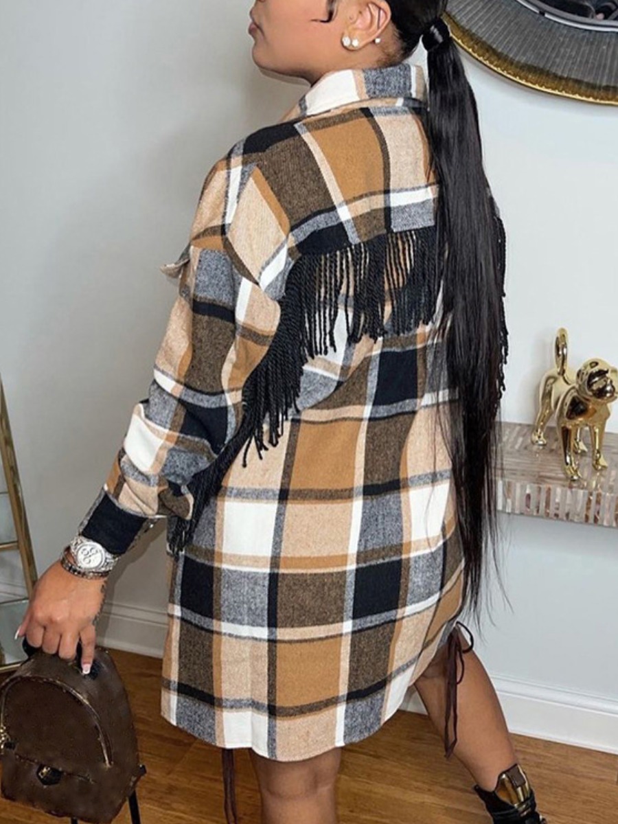 

LW Plaid Print Tassel Design Wool Overcoat, Coffee