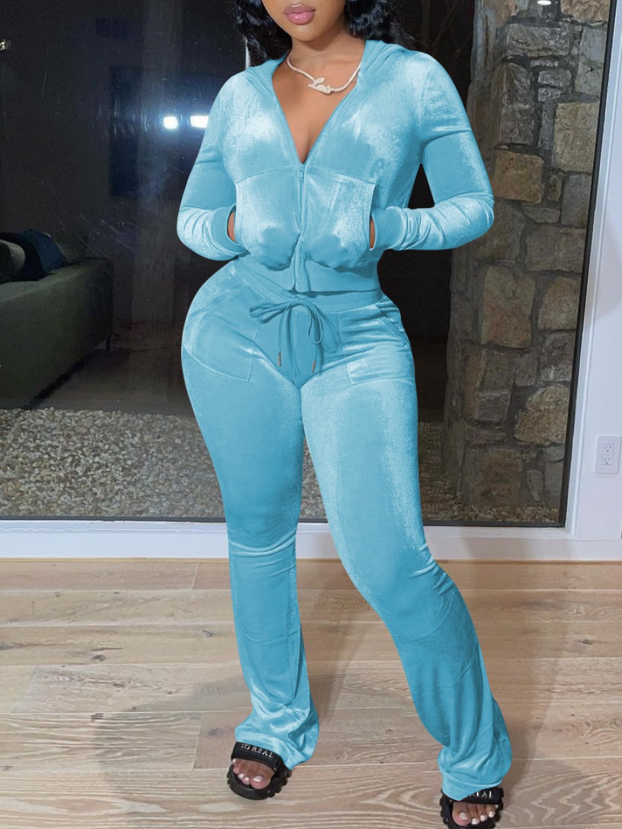

LW Velvet Pocket Design Pants Set, Skyblue