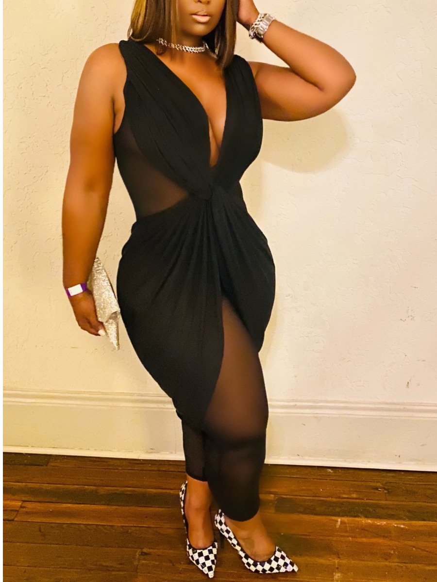 LW SXY Plus Size Twist Front See-through Jumpsuit