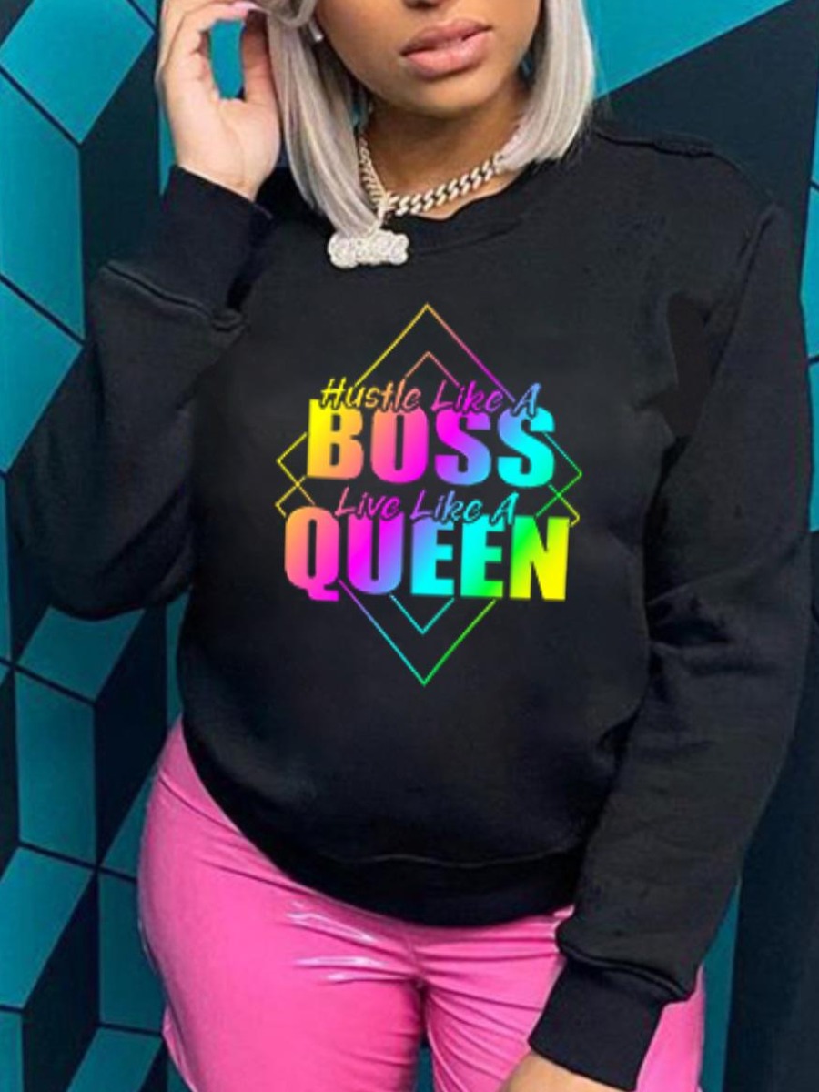

LW Letter Print Pullover Sweatshirt, Black
