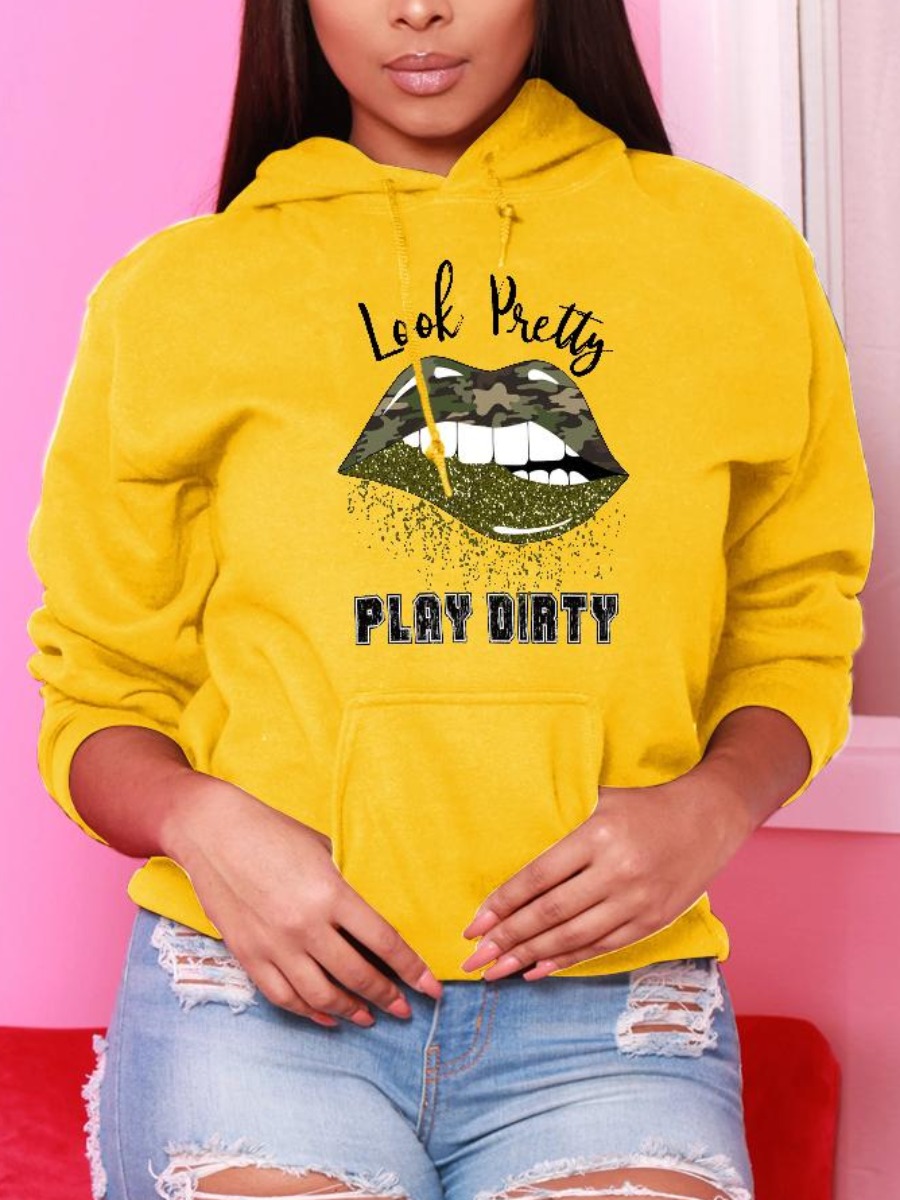 

LW Letter Lip Print Kangaroo Pocket Hoodie, Yellow