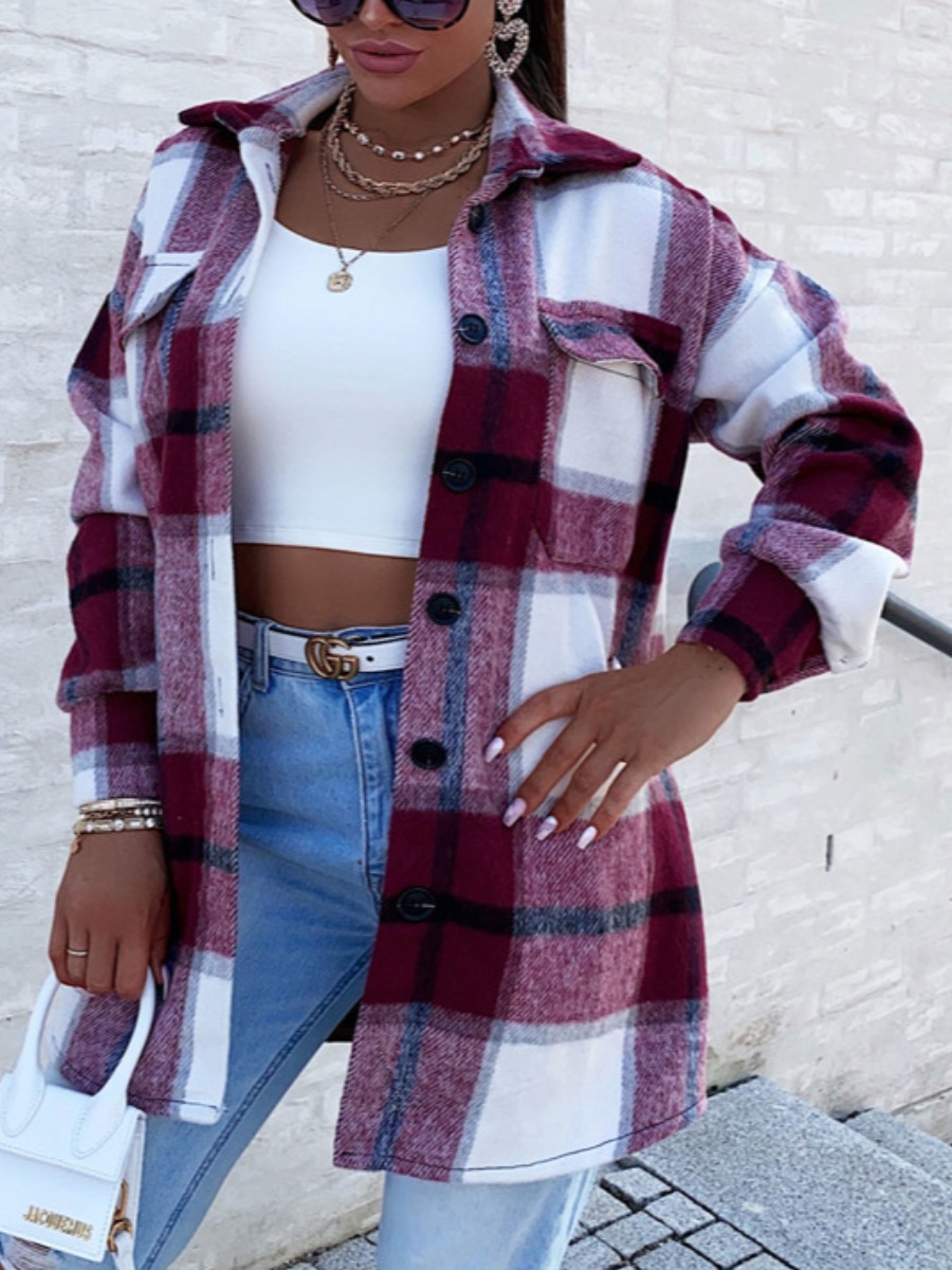 

LW Pocket Button Design Plaid Coat, Red