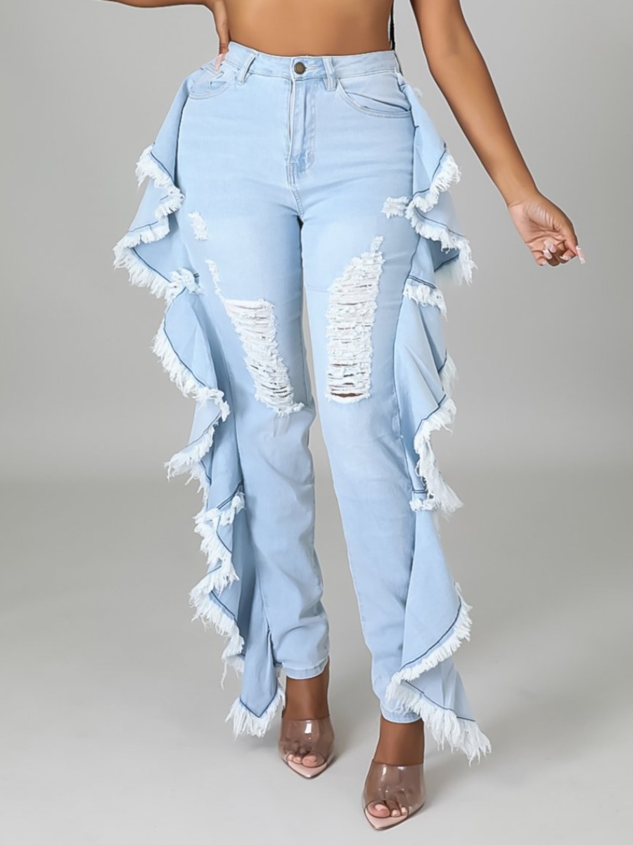 

LW Tassel Ruffle Design Ripped Jeans, Baby blue