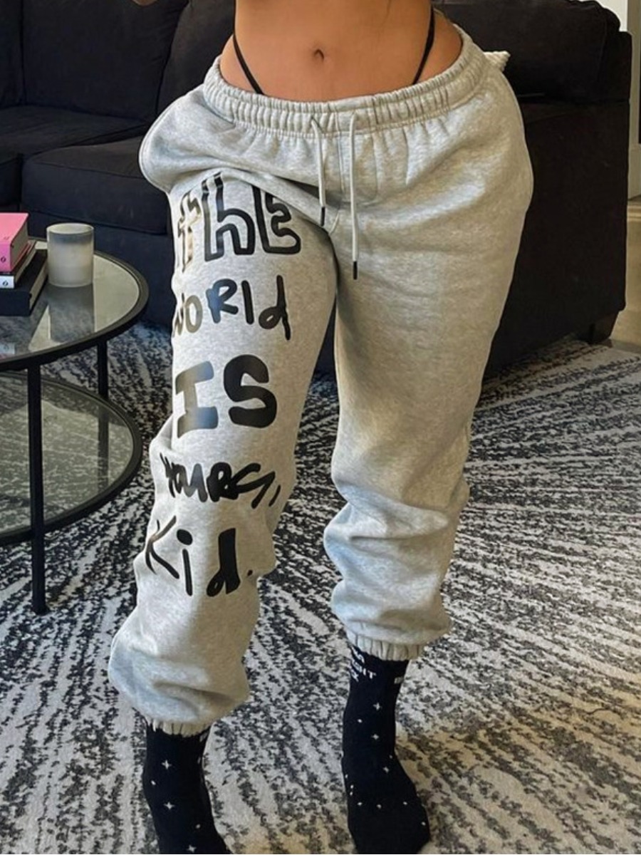 

LW Letter Print Drawstring Sweatpants, Grey