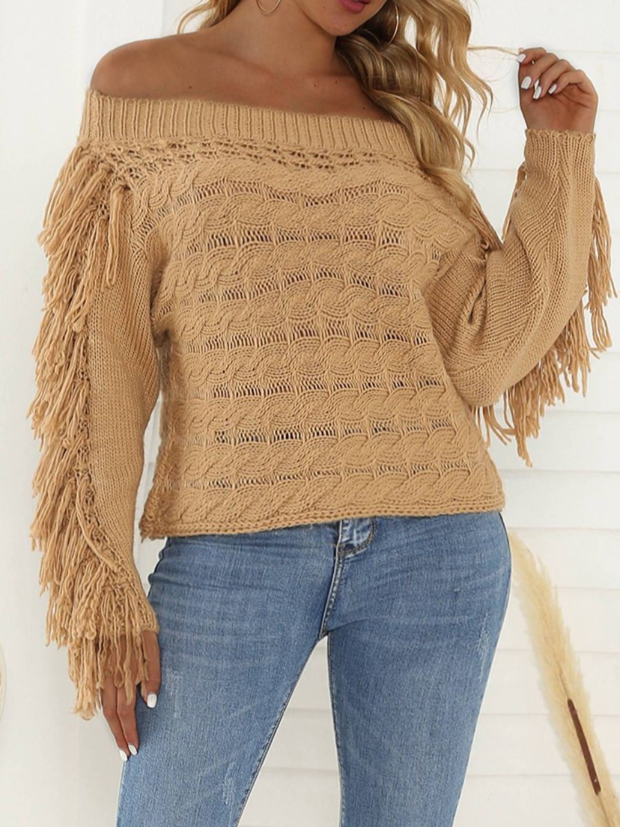

LW Open Kint Tassel Design Loose Sweater, Khaki