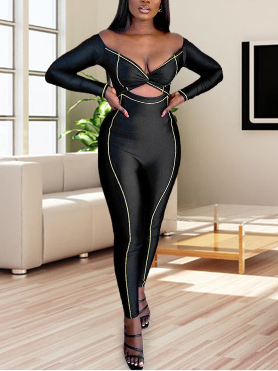 

LW SXY Twist Front Striped Hollow-out Jumpsuit, Black