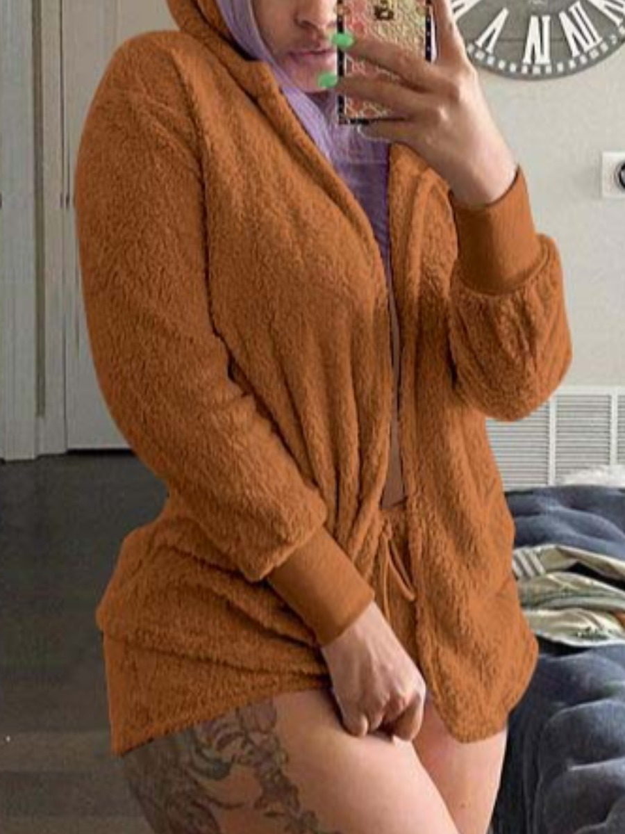

LW Hooded Collar Plush Shorts Set, Brown