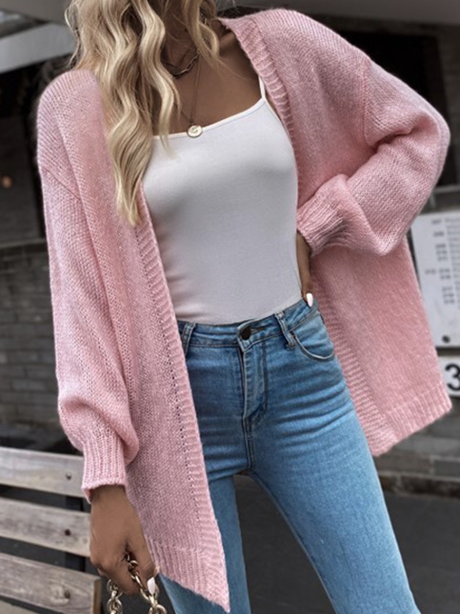 

LW Rib Knit Solid Loose Cardigan, Pink