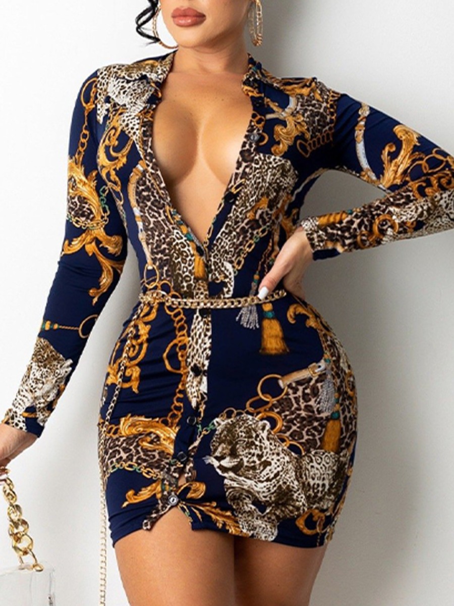 

LW SXY Zipper Print Button Design Shirt Dress, Dark blue