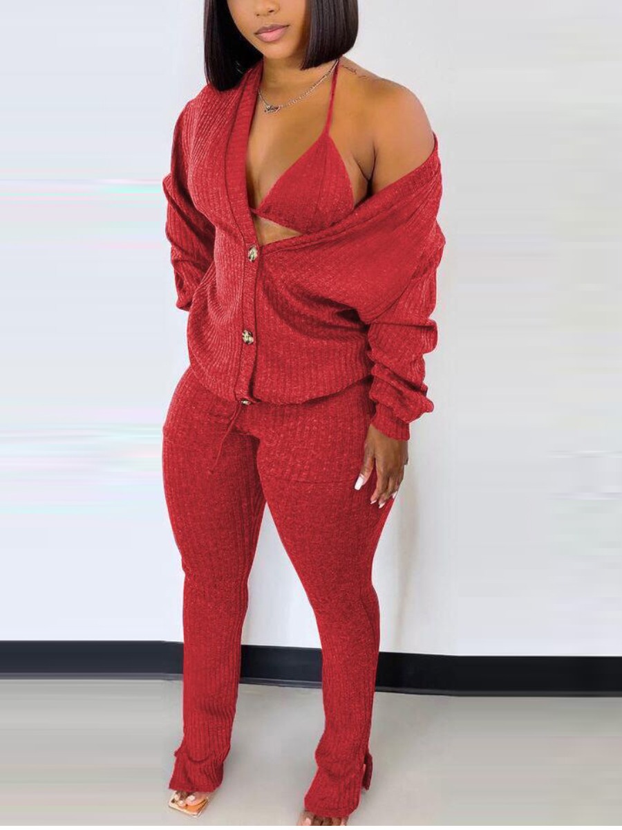 

LW Button Design Drawstring Three Piece Pants Set, Red