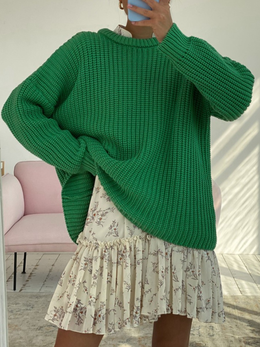

LW BASICS Rib Knit Solid Loose Sweater, Green