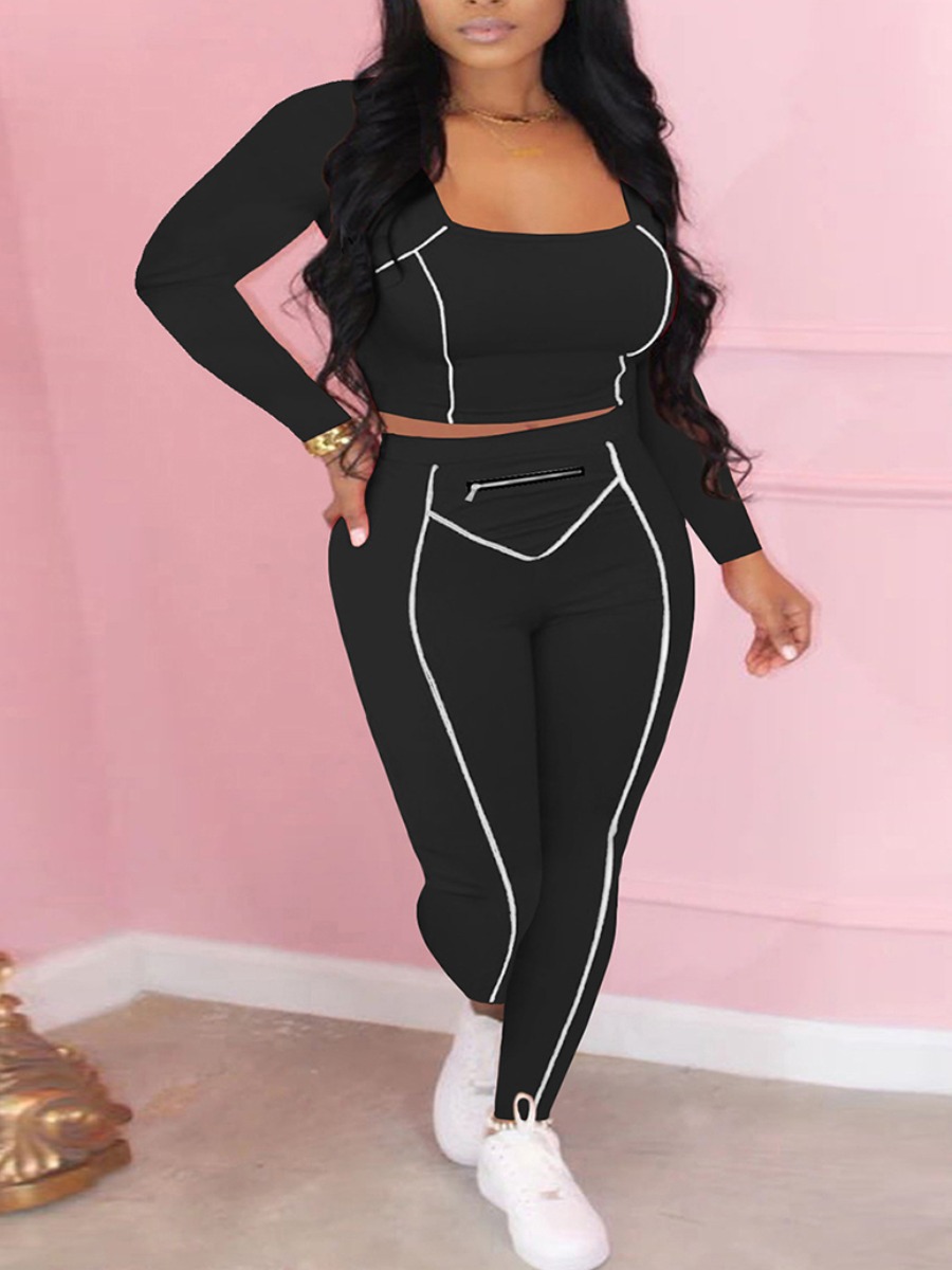 

LW U Neck Striped Pants Set, Black