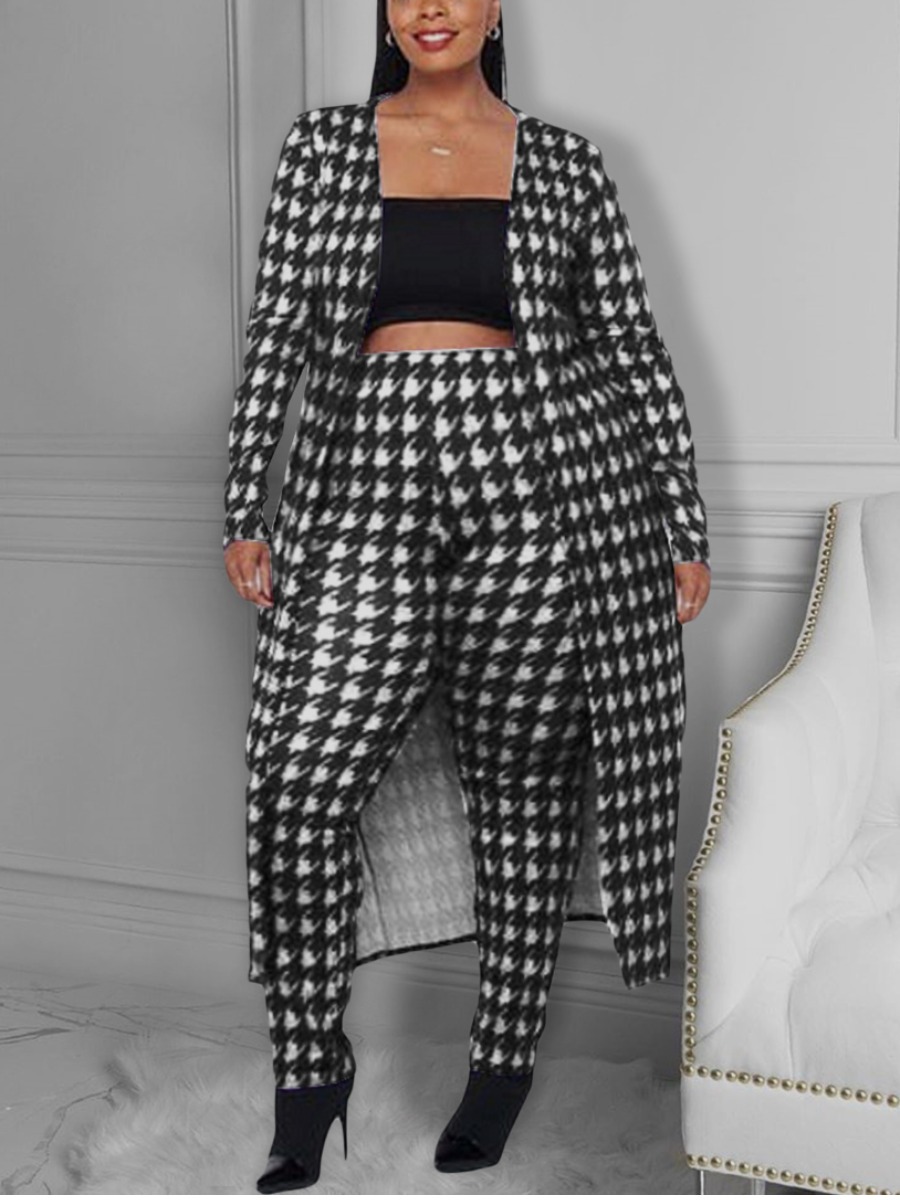 

LW Plus Size Houndstooth Open Front Pants Set, Black