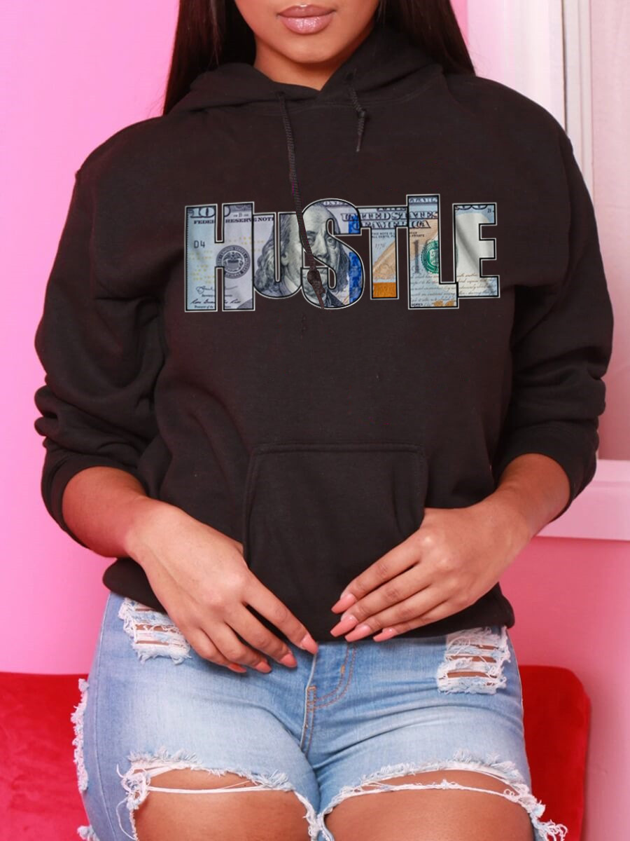 

LW Letter Dollar Print Loose Hoodie, Black