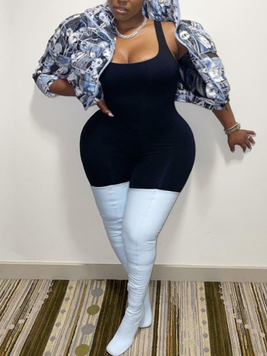 

LW Plus Size Cartoon Print Zip Up Crop Parka, Baby blue