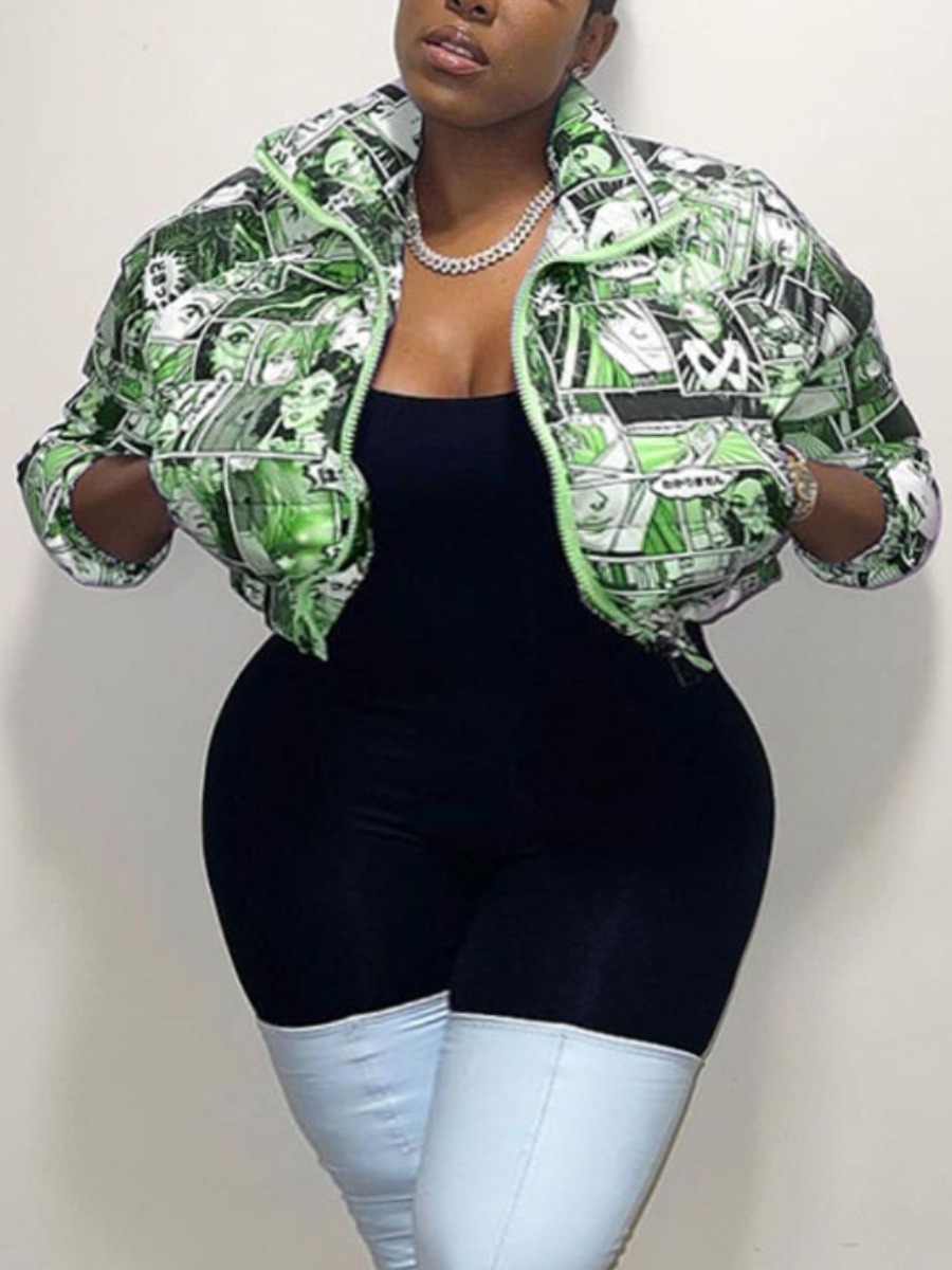 

LW Plus Size Cartoon Print Zip Up Crop Parka, Light green