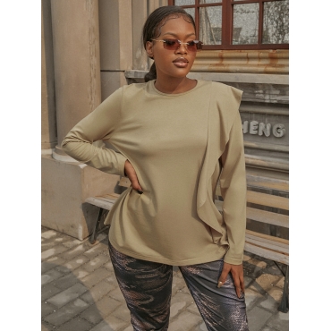 

LW Cotton Ruffle Design Pullover T-shirt, Light tan