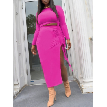 

LW Plus Size Drawstring Split Cropped Skirt Set, Rose red