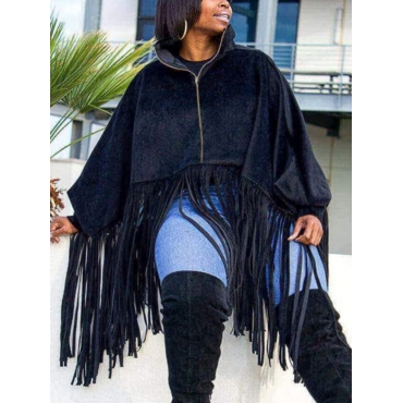 

LW Plus Size Zipper Tassel Design Coat, Black