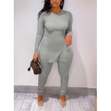 

LW BASICS Plus Size Round Neck Side Slit Pants Set, Grey