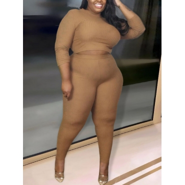 

LW Plus Size Rib Knit Crop Top Pants Set, Khaki