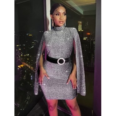 

LW SXY Shoulder Pad Sequined Split Bodycon Dress, Silver