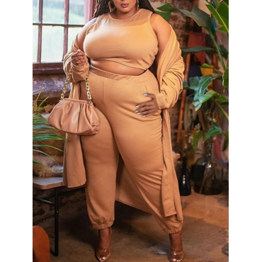 

LW Plus Size Solid Loose Three Pants Set, Khaki