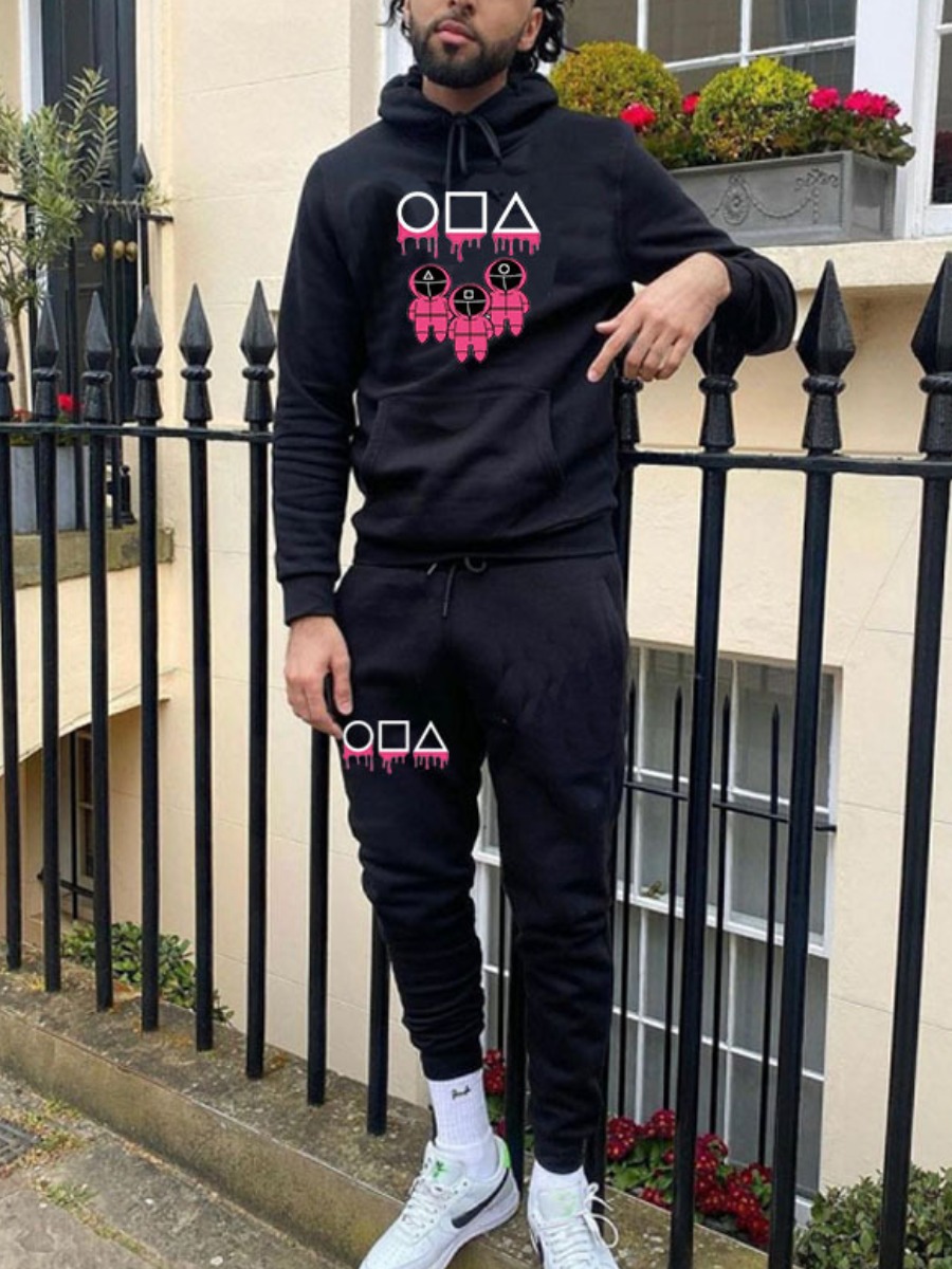 

LW Men Figure Print Kangaroo Pocket Tracksuit Set, Black