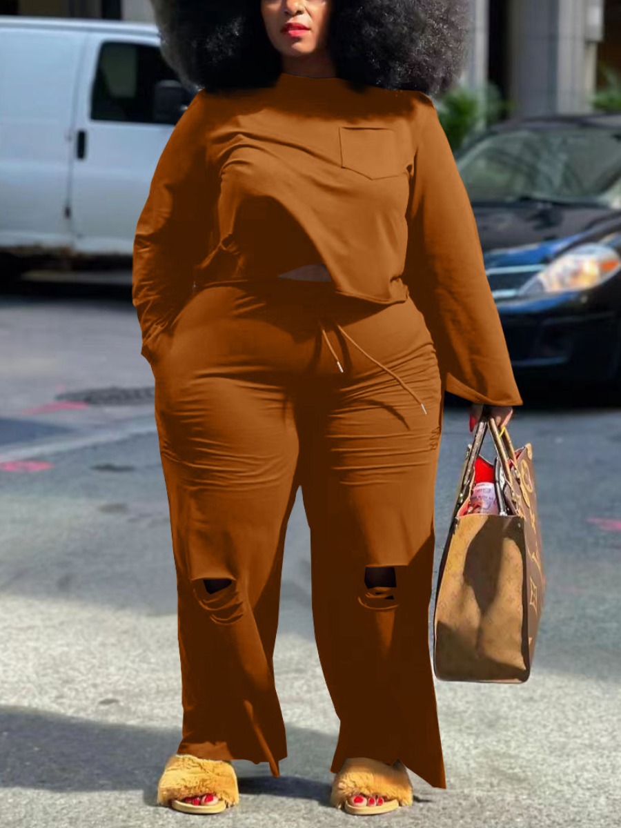 

LW Plus Size Ripped Pocket Design Pants Set, Brown