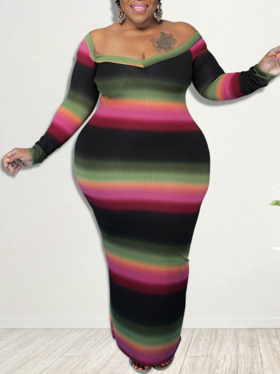 

LW BASICS Plus Size Striped Rib-Knit Bodycon Dress, Green