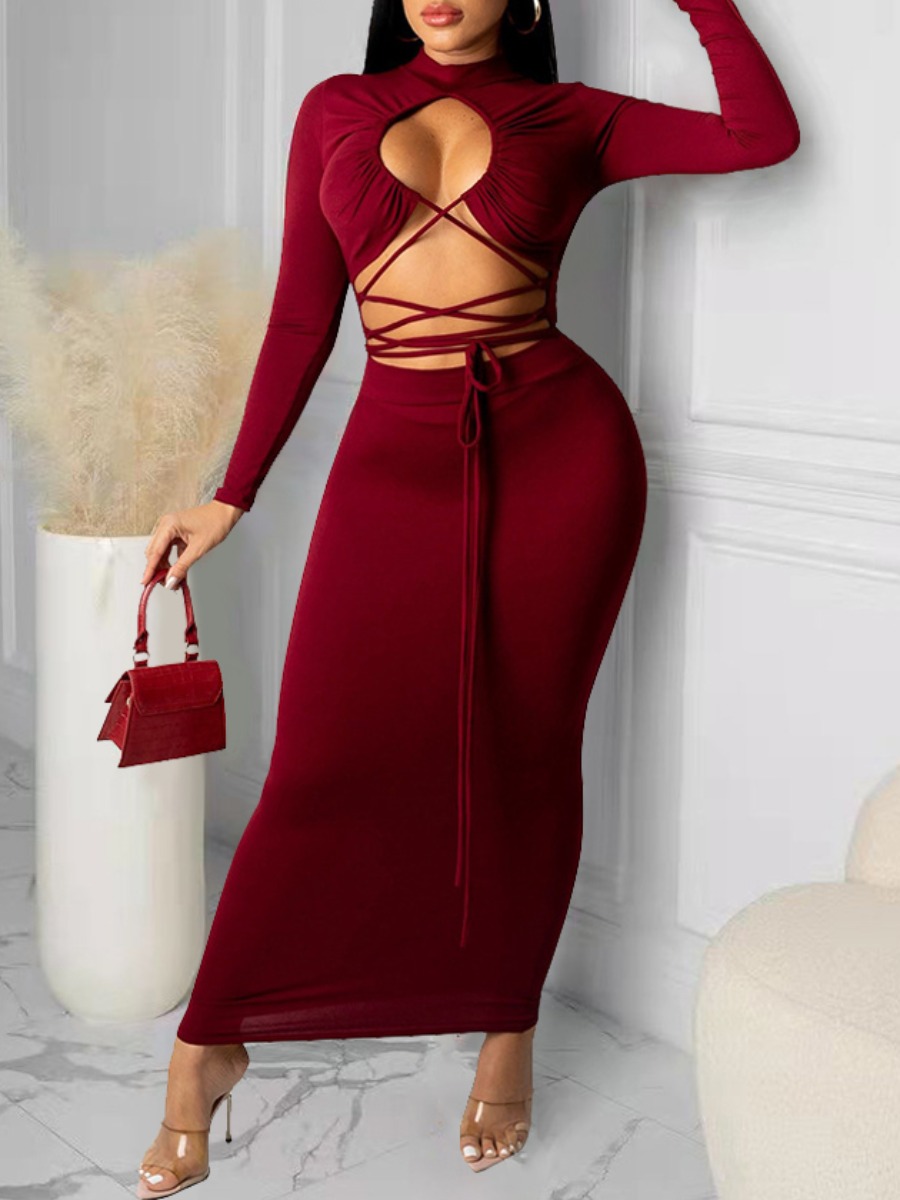 

LW SXY Bandage Hollow Out Design Bodycon Dress, Wine red