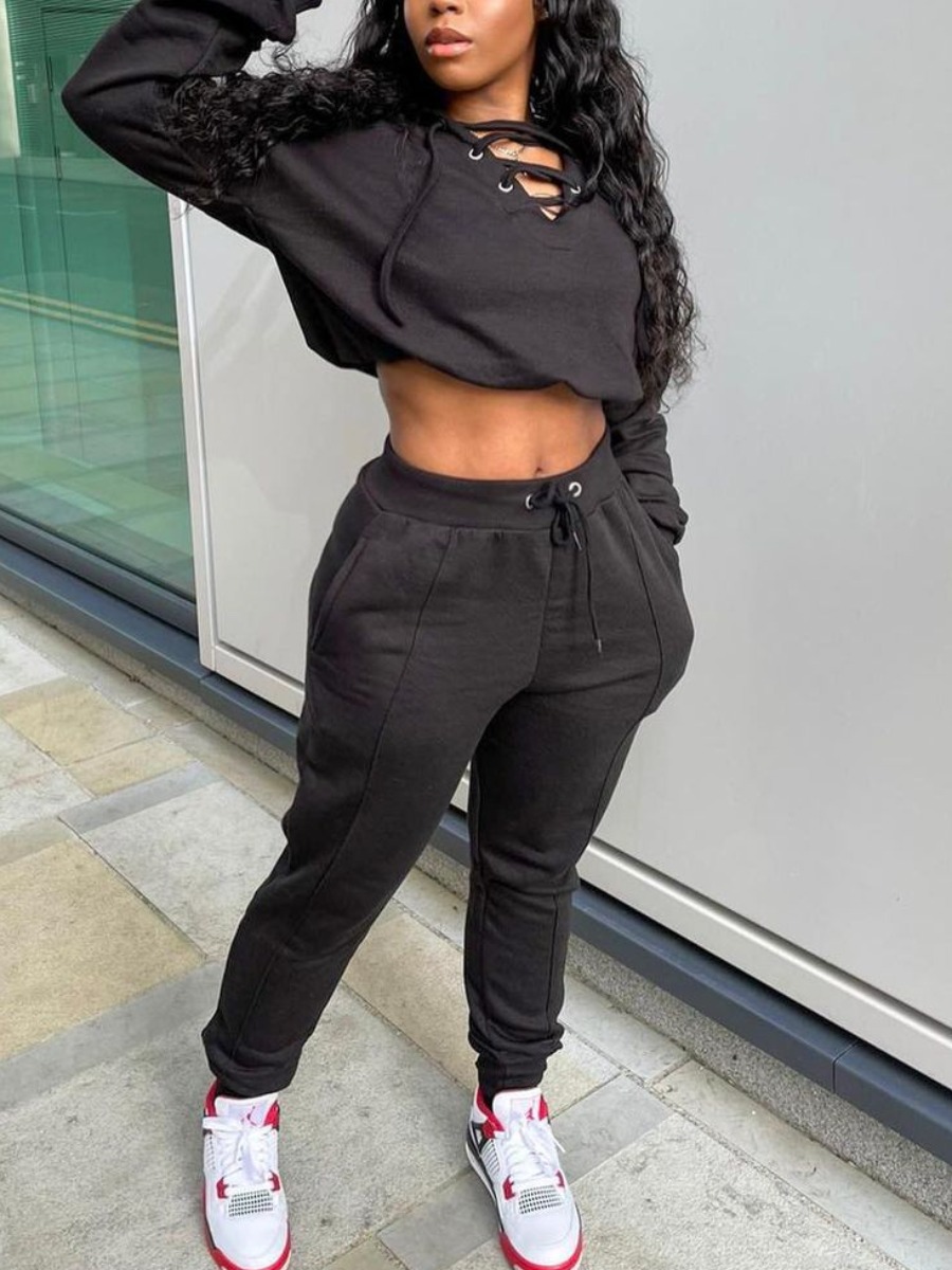 

LW Bandage Design Solid Tracksuit Set, Black