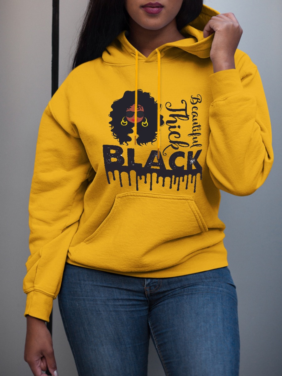

LW Plus Size Pocket Design Letter Print Hoodie, Yellow