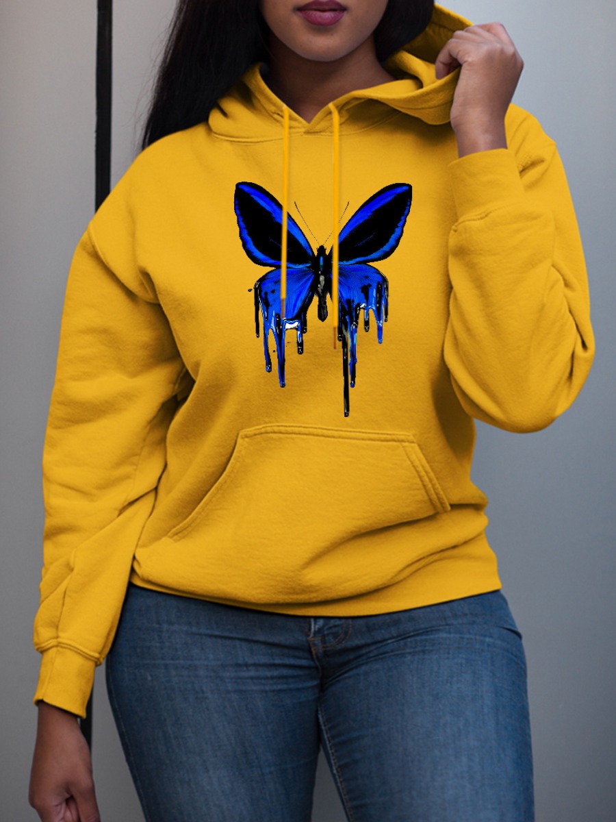 

LW Plus Size Butterfly Print Kangaroo Pocket Hoodie, Yellow