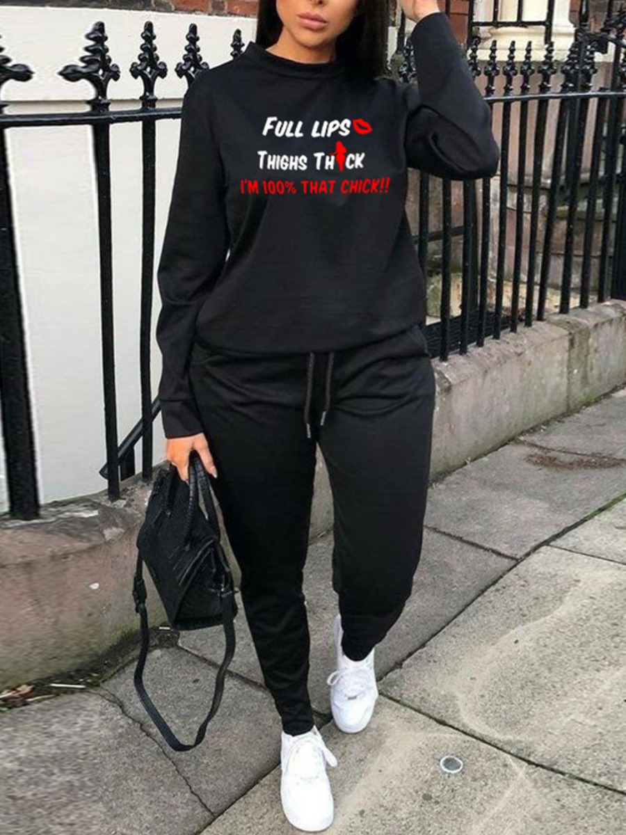

LW Plus Size Drawstring Pocket Design Tracksuit Set, Black