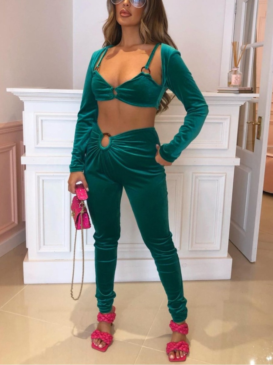 

LW SXY Ring Detail Crop Top Pants Set, Green