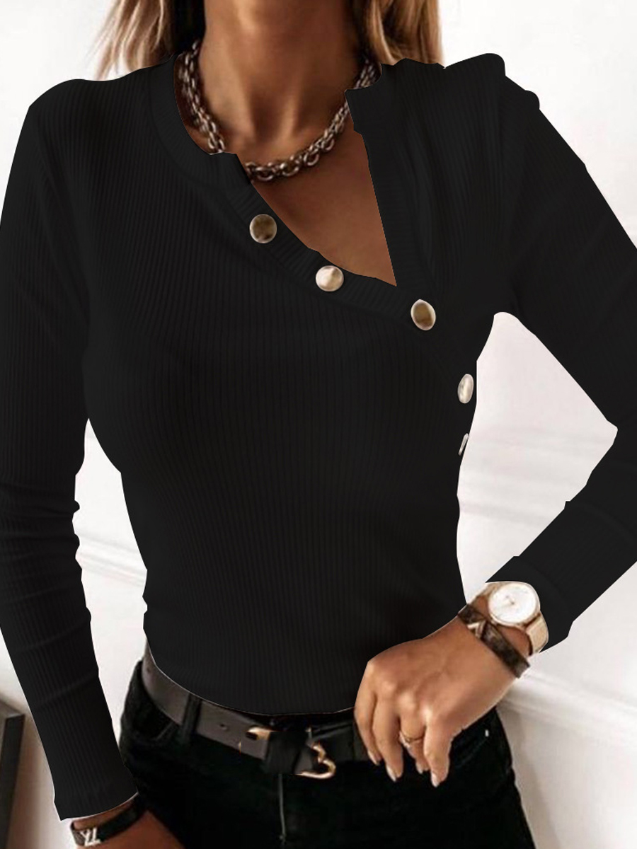 

LW SXY Rib-Knit Button Design T-shirt, Black