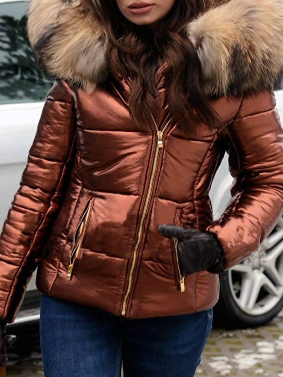 

LW Hooded Collar Zipper Design Puffer Jacket, Brown