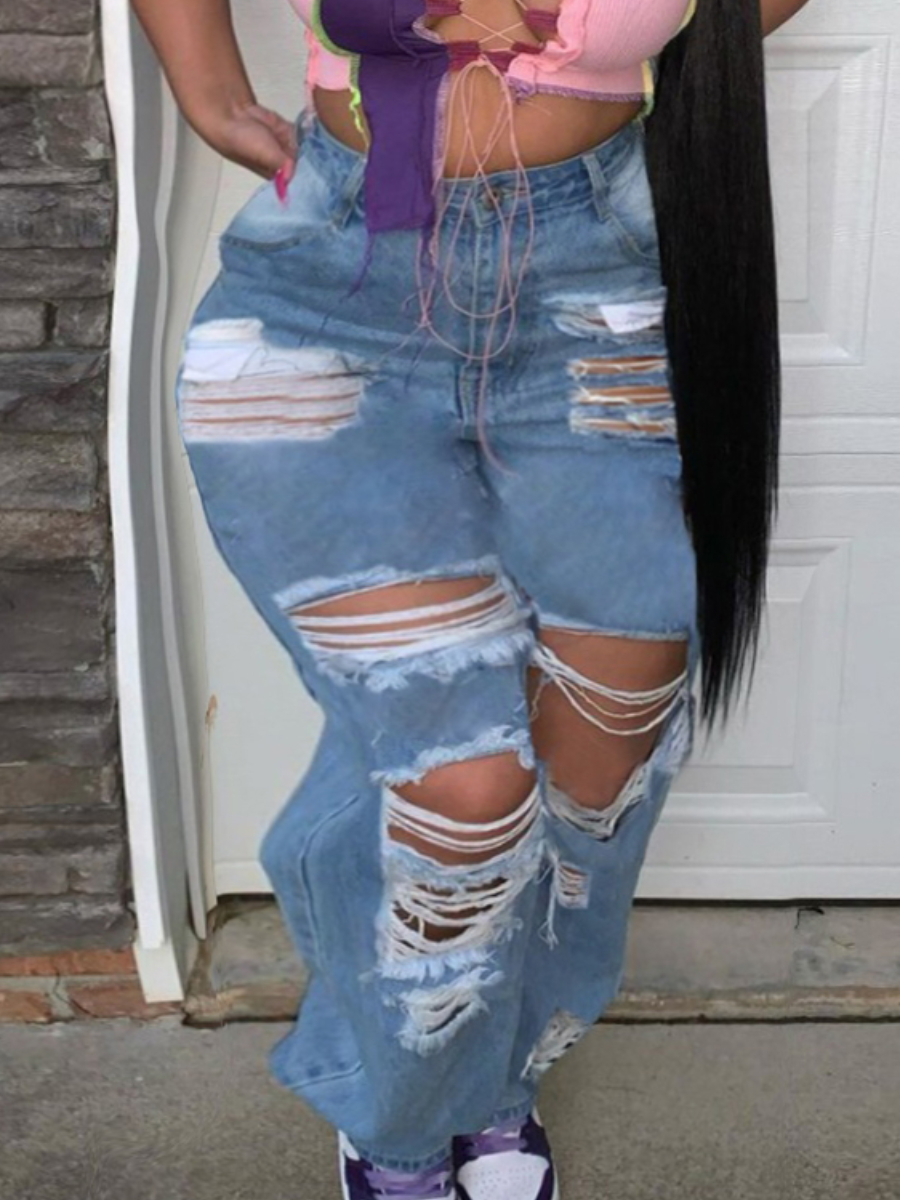 

LW Plus Size High Waist Ripped Jeans (No Stretch), Blue