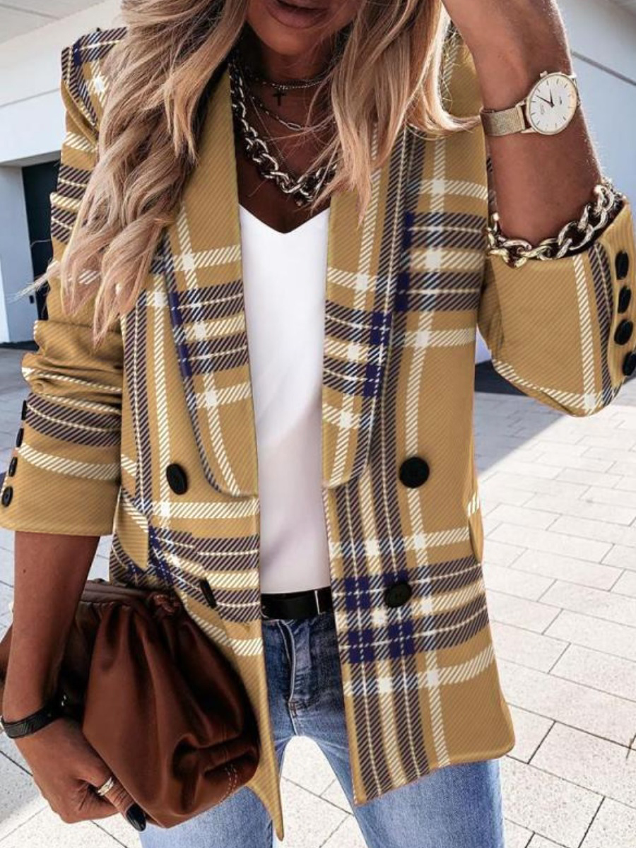 

LW Plaid Print Button Design Blazer, Brown