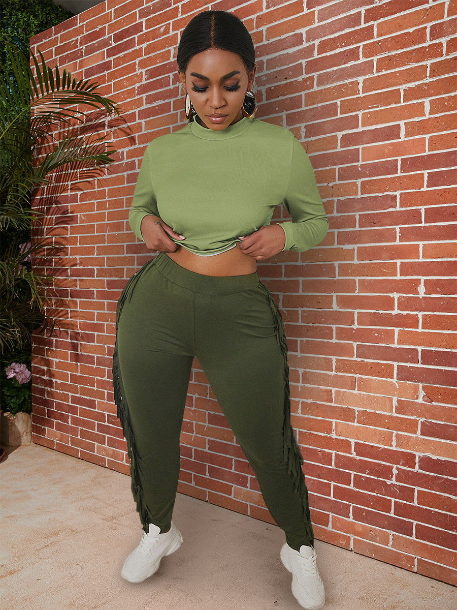 LW Rib Knit Tassel Design Pants Set