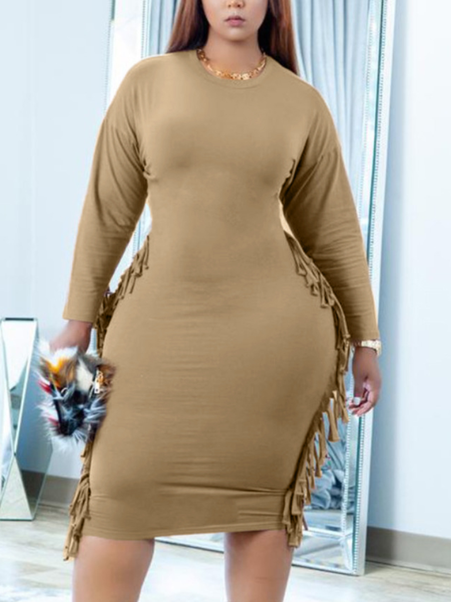 

LW Plus Size Round Neck Tassel Design Bodycon Dress, Light coffee