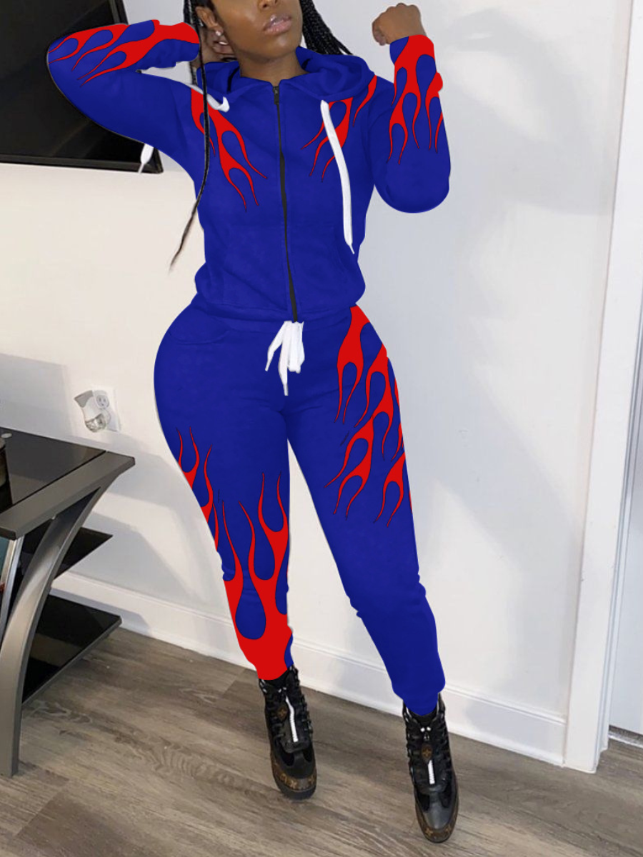 

LW Flame Print Drawstring Tracksuit Set, Royalblue
