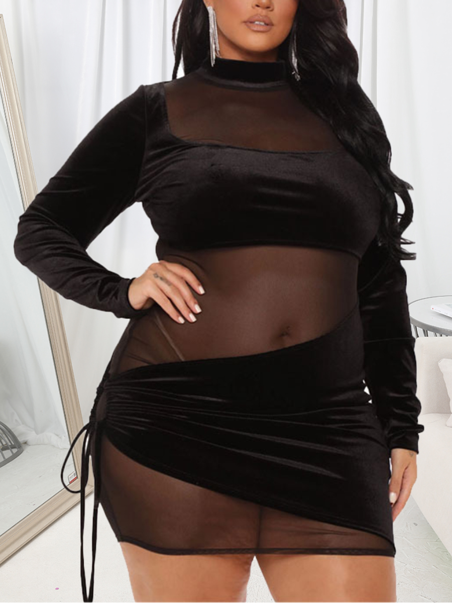 

LW SXY Plus Size Velvet See-through Drawstring Bodycon Dress, Black