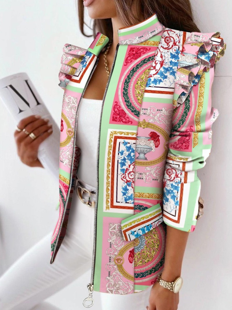 

LW Ruffle Zipper Design Loose Jacket, Pink
