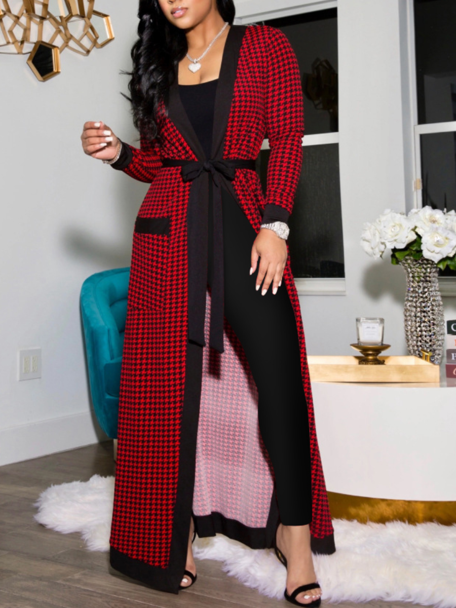 

LW Lace-up Print Oversized Trench Coats, Red