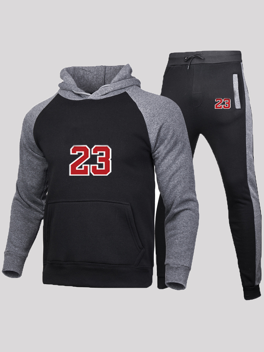

LW COTTON Men Letter Print Drawstring Tracksuit Set, Dark grey