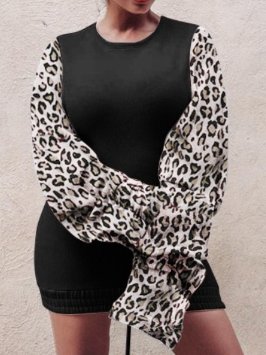 

LW Round Neck Leopard Print Dress, Black