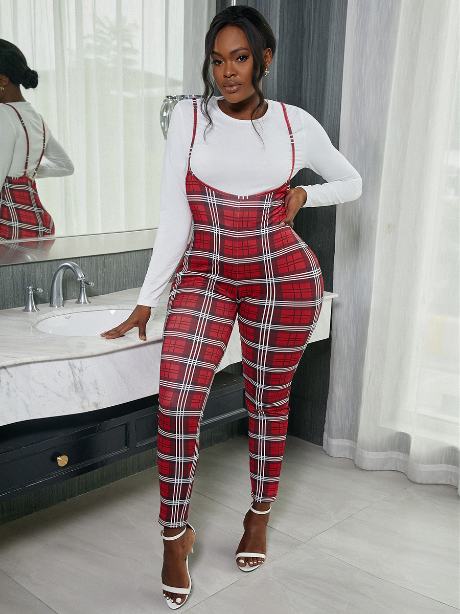 

LW Plaid Print Overall Pants Set, Red and black check