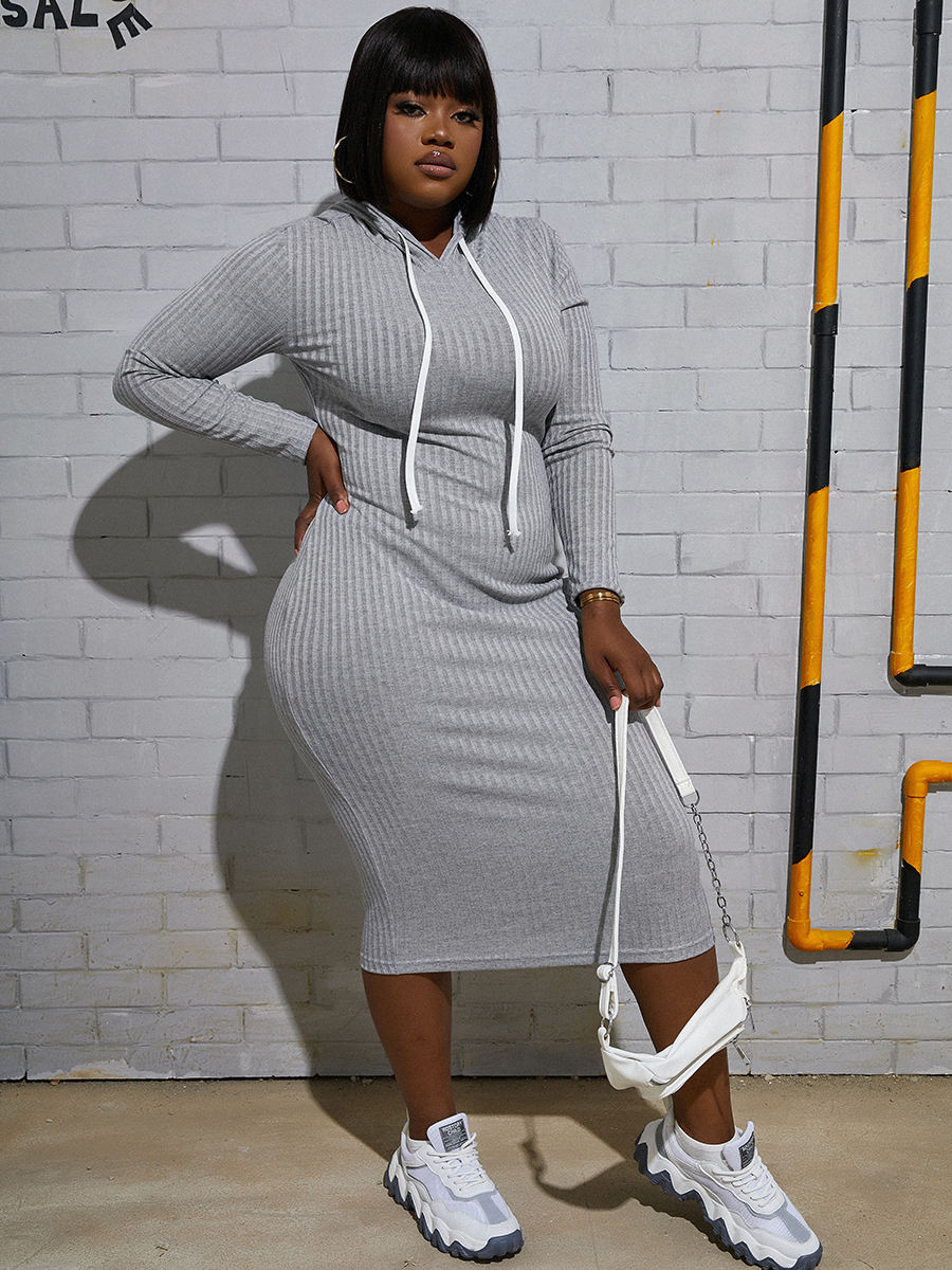 

LW Plus Size Hooded Collar Rib-Knit Dress, Grey